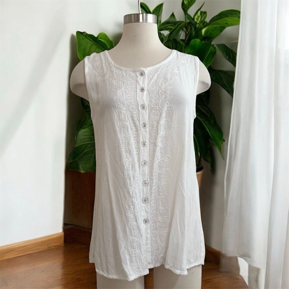 Vintage Stillwater White Peasant Top Blouse Button Down Sleeveless Medium Large